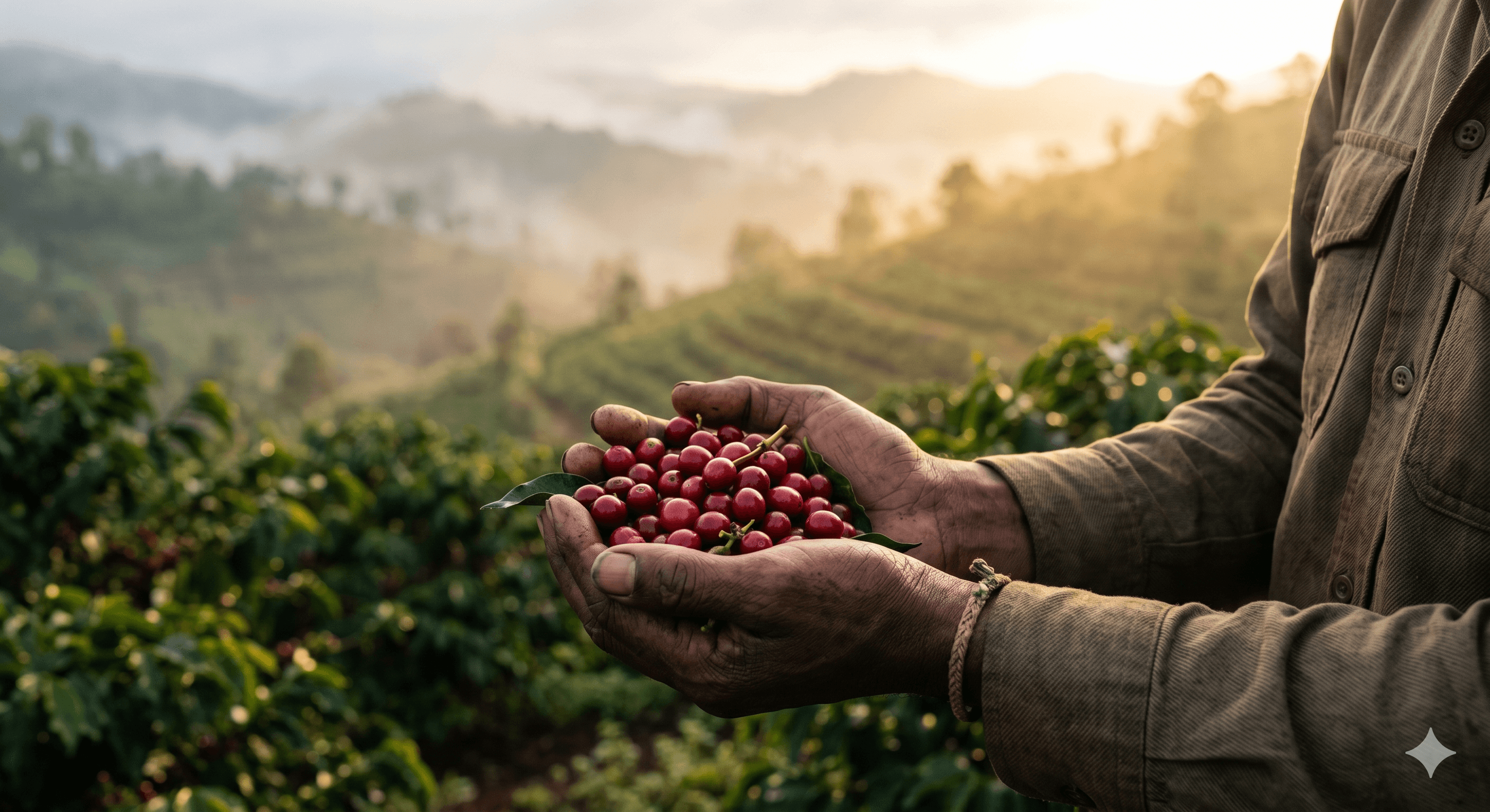 A farmer holding freshly picked coffee cherries at sunrise